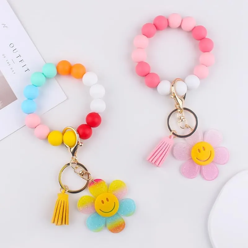 Sunflower Keychains Wristlet Cute Smile Keyrings for Women Girls Gifts Car Keys Wallet Backpack Accessories