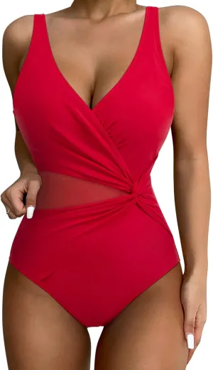 SUUKSESS Women Sexy Mesh Tummy Control One Piece Swimsuit Push Up Bathing Suit