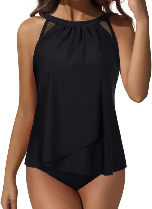 SUUKSESS Women Tummy Control Tankini Bathing Suit Ruffle High Waisted Swimsuit