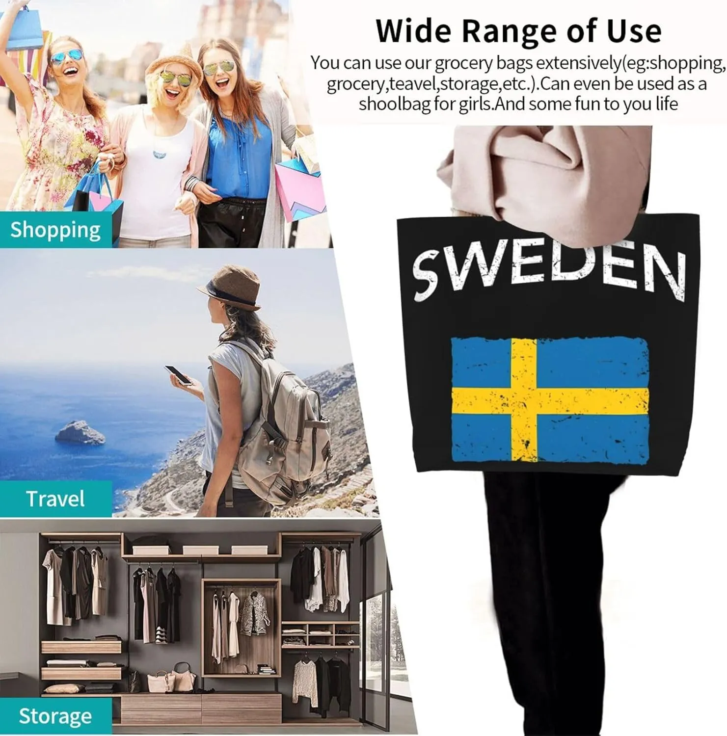 Swedish Sweden Flag Women's Tote Bag Large Capacity Single Shoulder Bags Handbag for Shopping Work