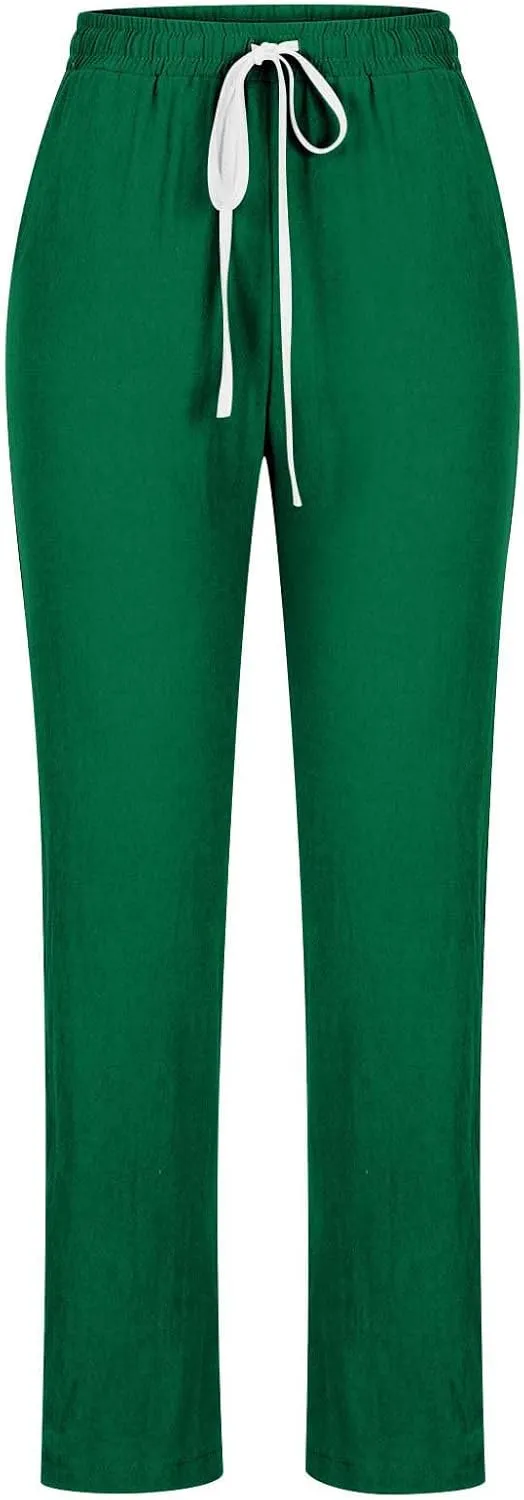 TANGNADE Cotton Linen Pants Summer 2024 Wide Leg Casual Loose Drawstring High Waist Palazzo Pants Trousers with Pockets