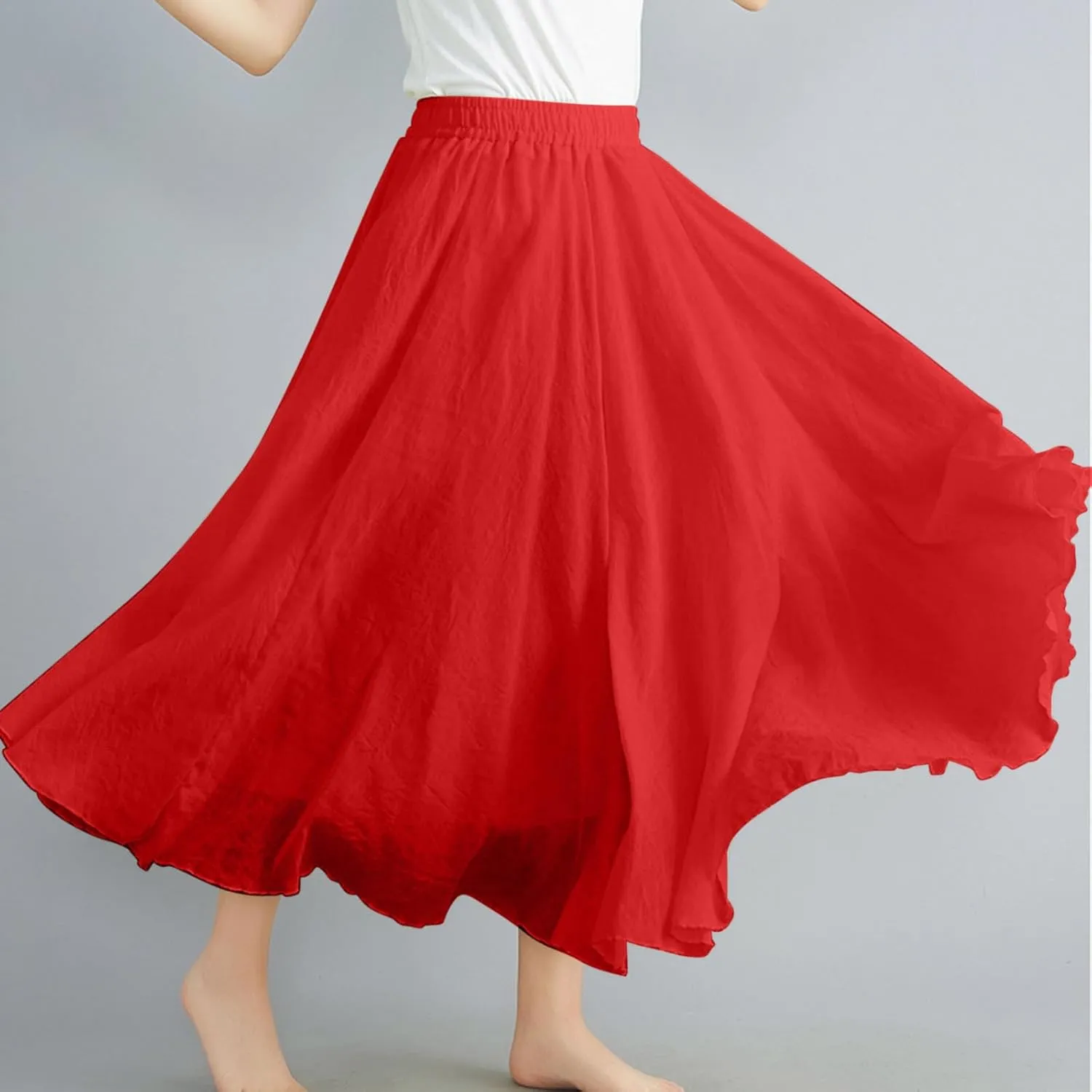 TANGNADE Womens Skirts Midi Length Elastic High Waist Summer Casual Flowy Swing Boho Skirt Trendy Travel Beach Dress