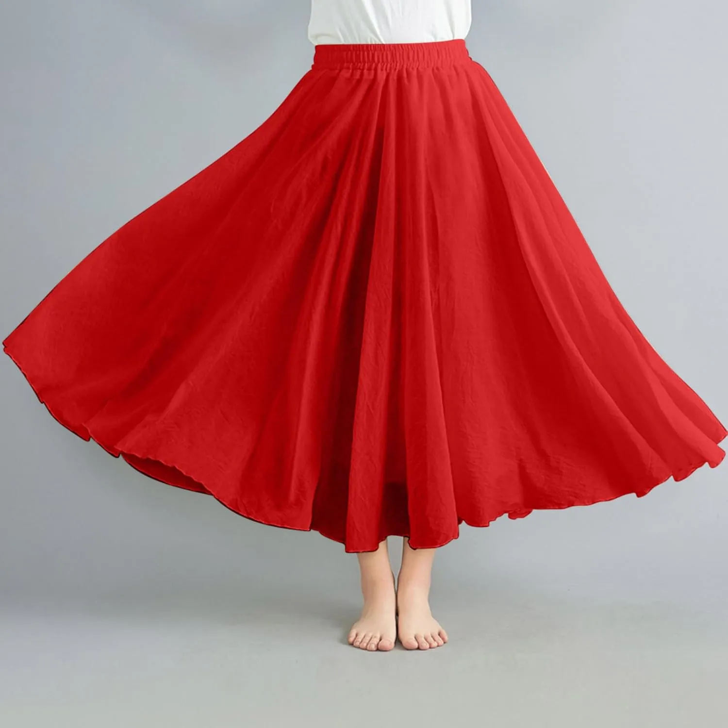 TANGNADE Womens Skirts Midi Length Elastic High Waist Summer Casual Flowy Swing Boho Skirt Trendy Travel Beach Dress