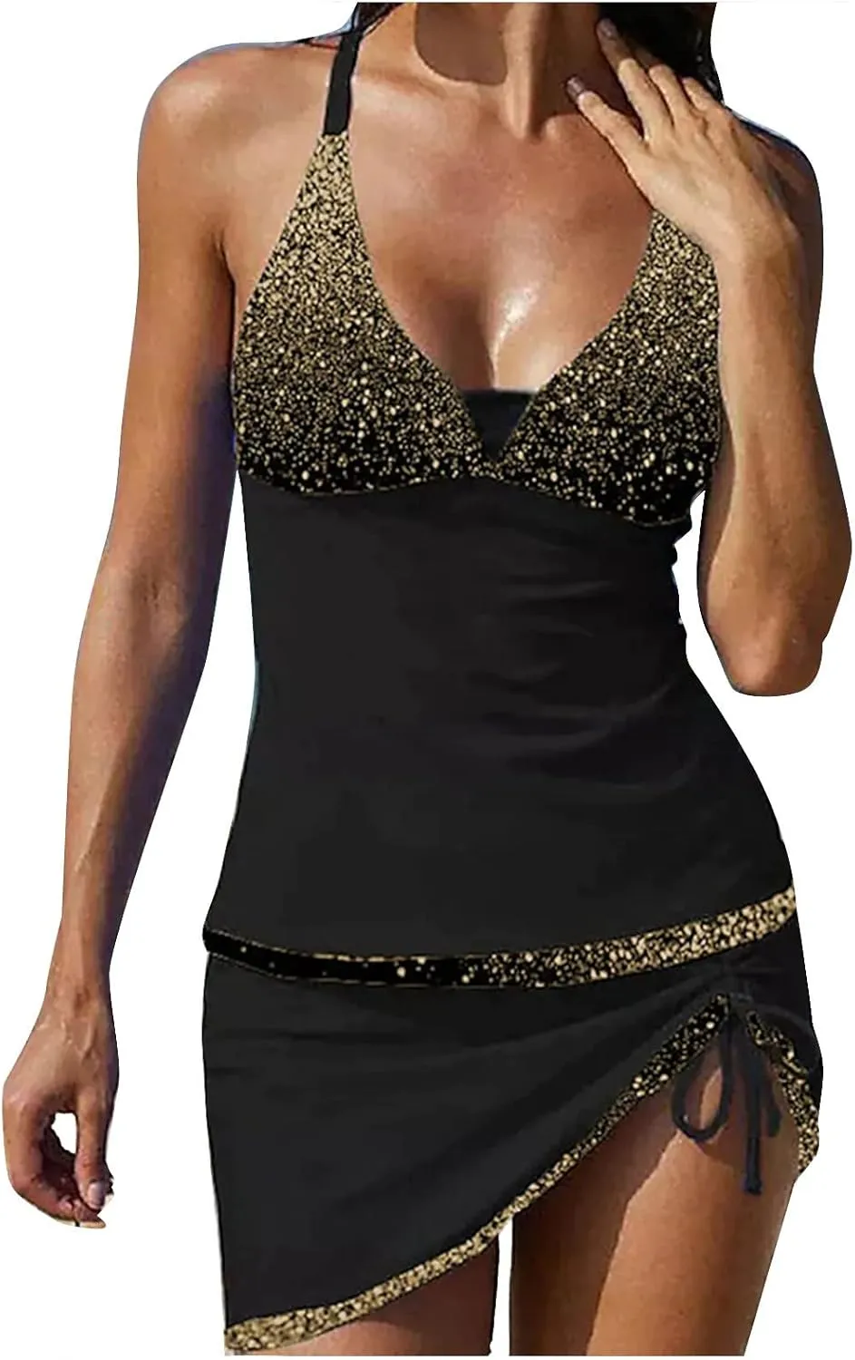 Tankini Swimsuits for Women 2 Piece Sexy V Neck Tank Top Bathing Suit with Skirt Fashion Tankini Beachwear