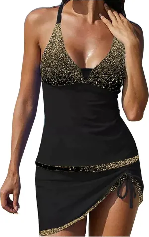 Tankini Swimsuits for Women 2 Piece Sexy V Neck Tank Top Bathing Suit with Skirt Fashion Tankini Beachwear