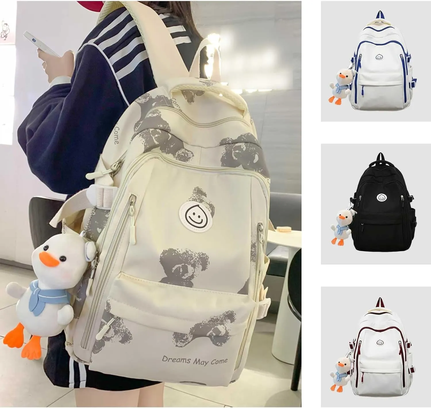 Teclado Kawaii Backpack with Cute Accessories Lightweight Bookbags Laptop Bag Waterproof Casual Travel Daypacks (Bear)