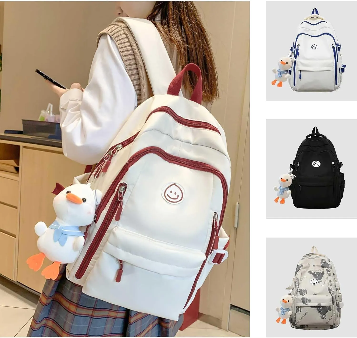 Teclado Kawaii Backpack with Cute Accessories Lightweight Bookbags Laptop Bag Waterproof Casual Travel Daypacks (Red)