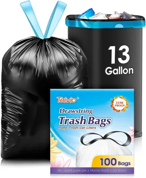 Teivio 13 Gallon 100 Counts Strong Tall Kitchen Drawstring Trash Bags, Medium Plastic Garbage Bags for Home Kitchen Garden Office Tall Trash Can, Black Waste Bin Liners