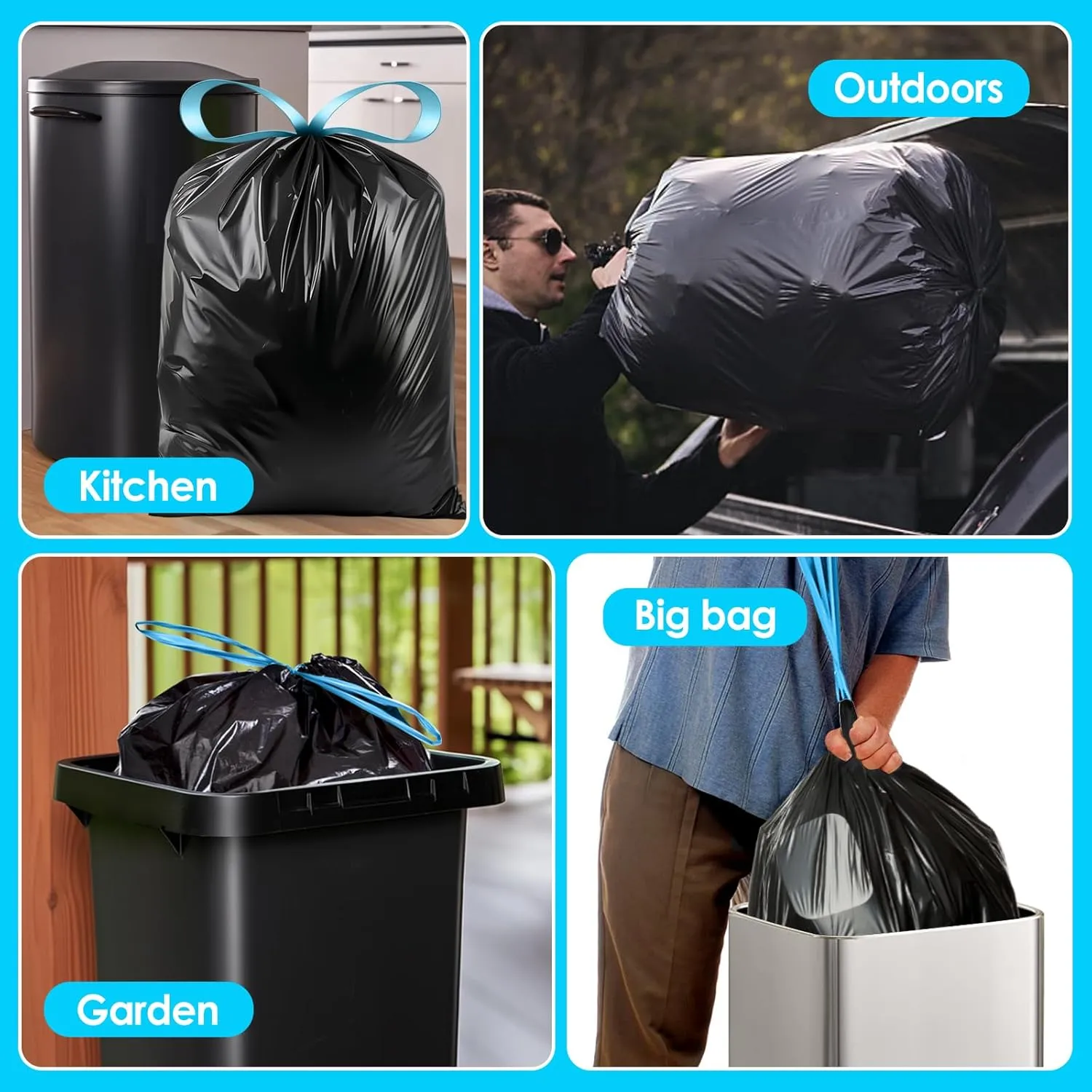 Teivio 13 Gallon 100 Counts Strong Tall Kitchen Drawstring Trash Bags, Medium Plastic Garbage Bags for Home Kitchen Garden Office Tall Trash Can, Black Waste Bin Liners