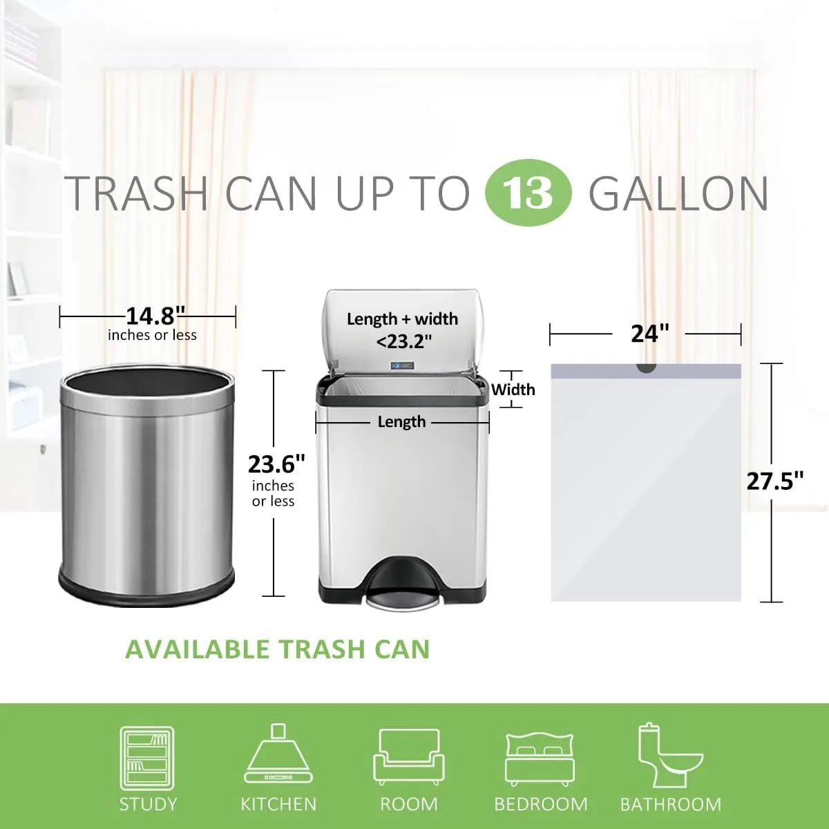 Teivio 13 Gallon 100 Counts Strong Tall Kitchen Drawstring Trash Bags, Medium Plastic Garbage Bags for Home Kitchen Garden Office Tall Trash Can, Black Waste Bin Liners