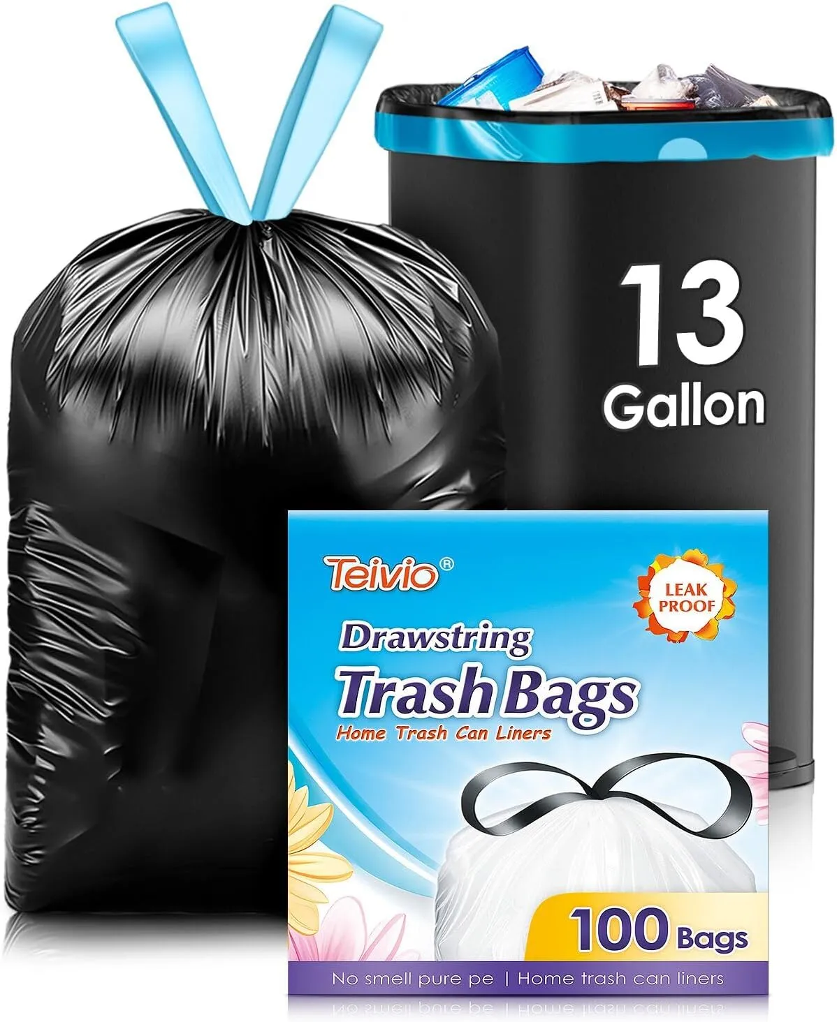Teivio 13 Gallon 100 Counts Strong Tall Kitchen Drawstring Trash Bags, Medium Plastic Garbage Bags for Home Kitchen Garden Office Tall Trash Can, Black Waste Bin Liners
