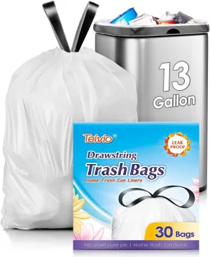 Teivio 13 Gallon 30 Counts Strong Tall Kitchen Drawstring Trash Bags, Medium Plastic Garbage Bags for Home Kitchen Garden Office Tall Trash Can, White Waste Bin Liners