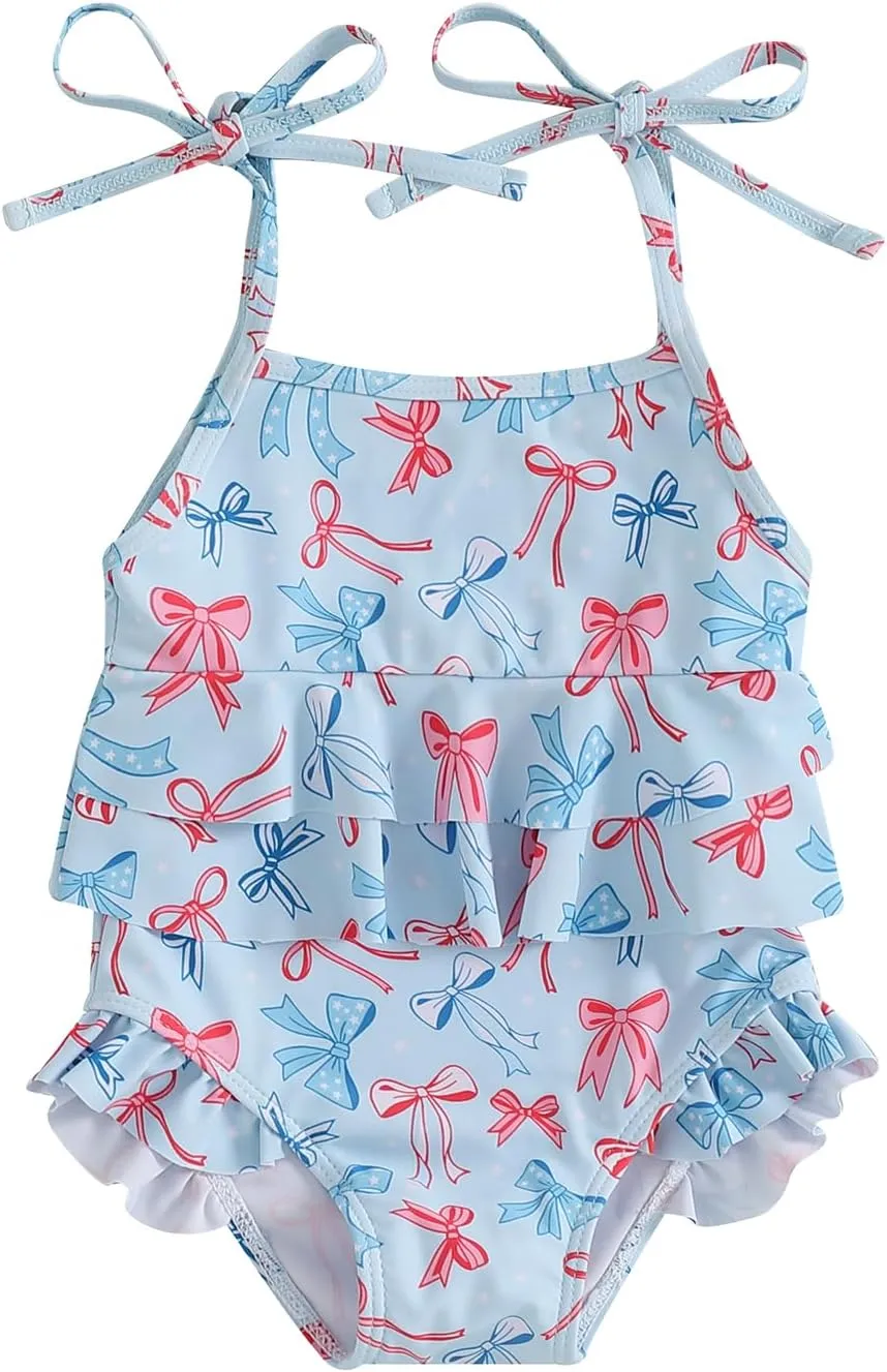 Toddler Girl One Piece Swimsuit 4th of July Popsicle/Bow/Star Print Ruffle Bikini Sleeveless Bathing Suit Swimwear