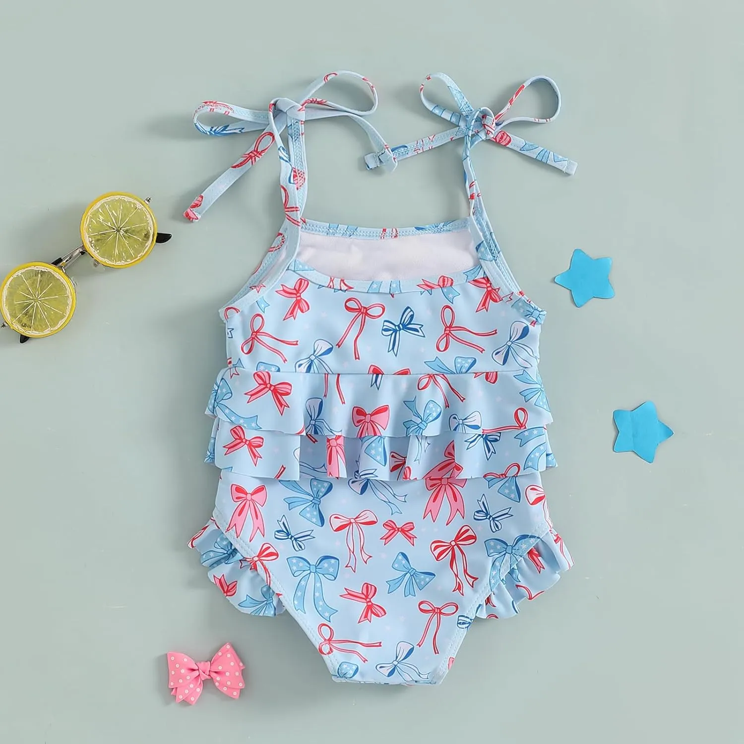 Toddler Girl One Piece Swimsuit 4th of July Popsicle/Bow/Star Print Ruffle Bikini Sleeveless Bathing Suit Swimwear