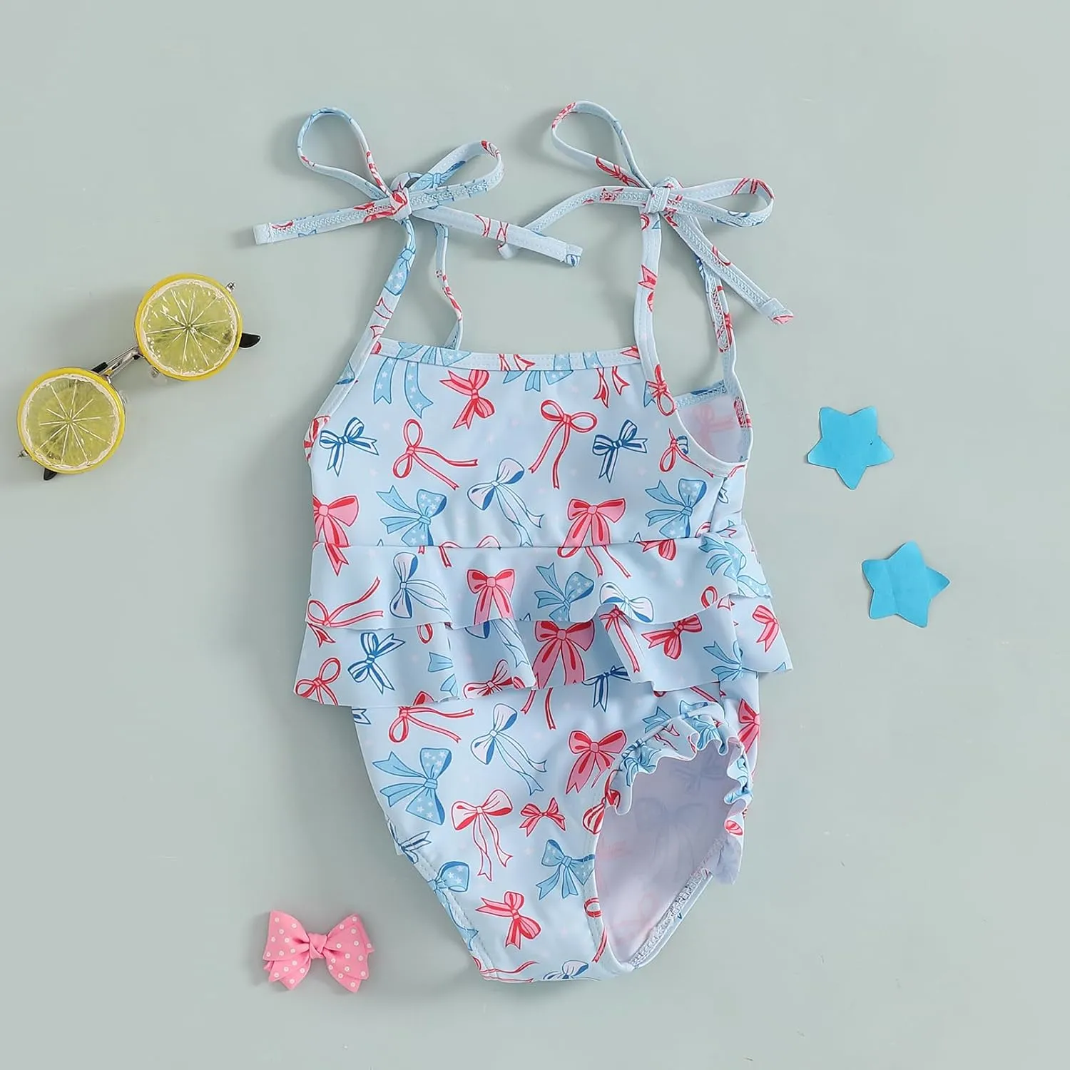 Toddler Girl One Piece Swimsuit 4th of July Popsicle/Bow/Star Print Ruffle Bikini Sleeveless Bathing Suit Swimwear