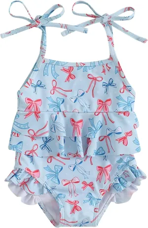Toddler Girl One Piece Swimsuit 4th of July Popsicle/Bow/Star Print Ruffle Bikini Sleeveless Bathing Suit Swimwear