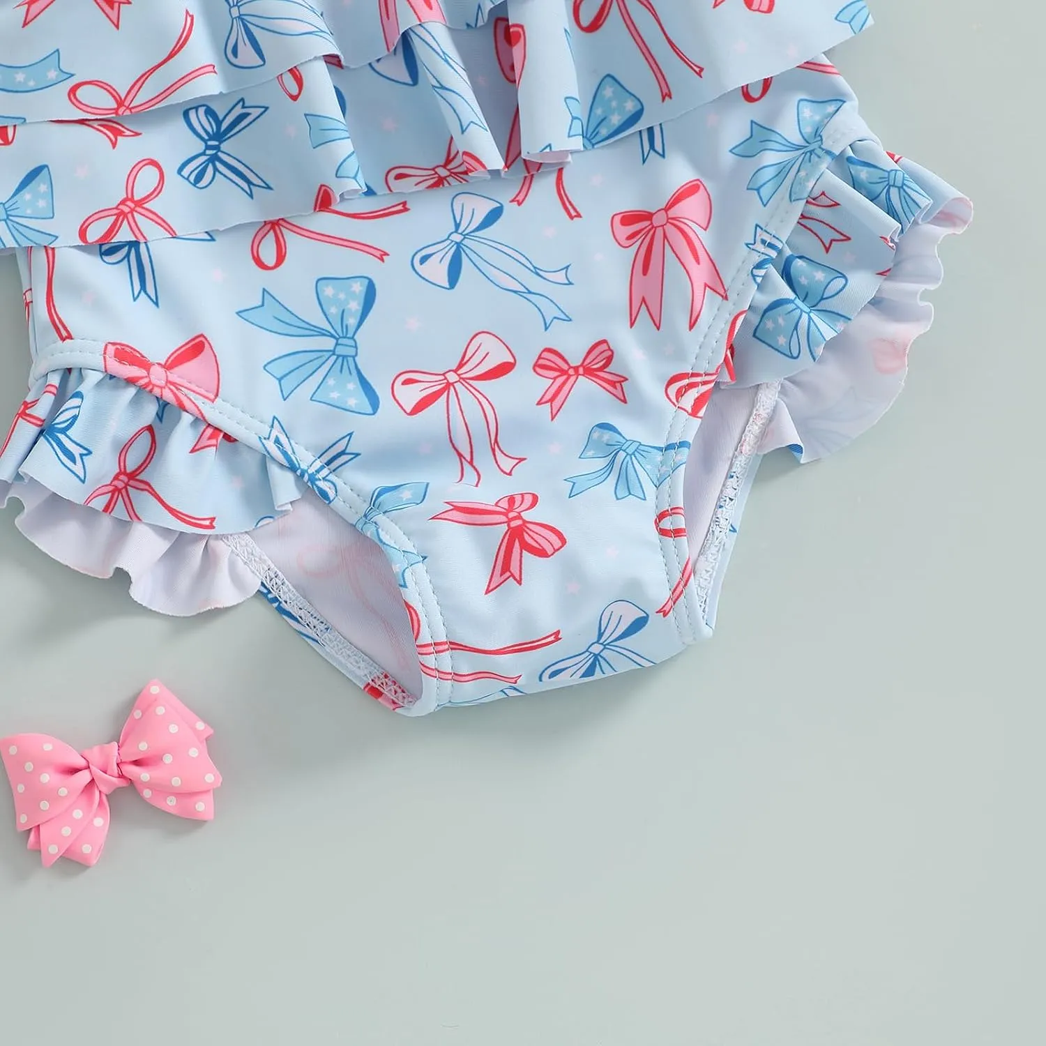 Toddler Girl One Piece Swimsuit 4th of July Popsicle/Bow/Star Print Ruffle Bikini Sleeveless Bathing Suit Swimwear