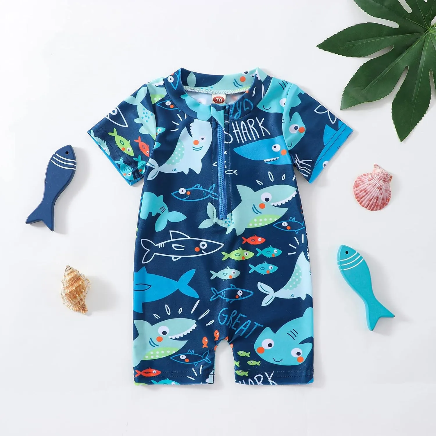 Toddler Infant Baby Boys Swimsuit One Piece Zipper Rash Guard Sea Animal Print Bathing Suit Swimwear