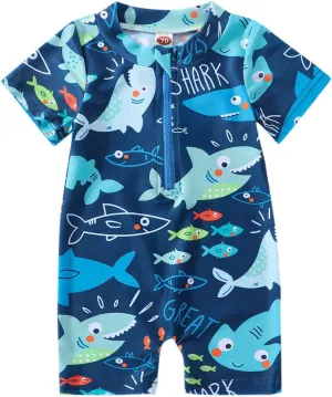 Toddler Infant Baby Boys Swimsuit One Piece Zipper Rash Guard Sea Animal Print Bathing Suit Swimwear