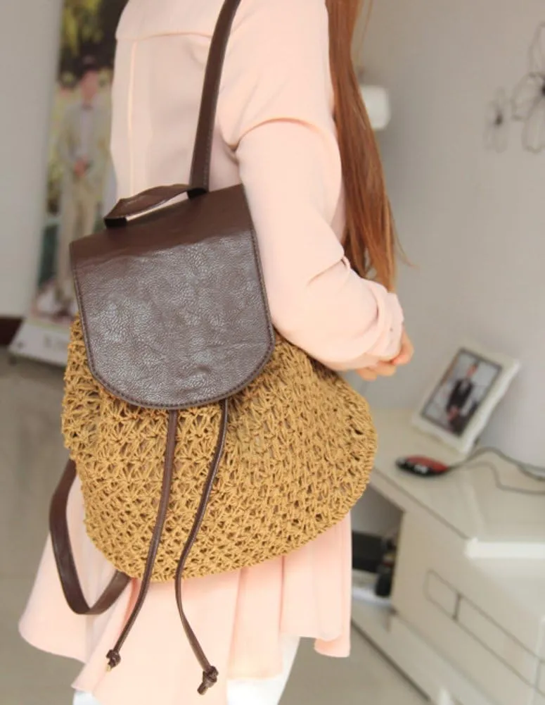 TONWHAR Paper String Woven Purse Straw Backpack for Beach