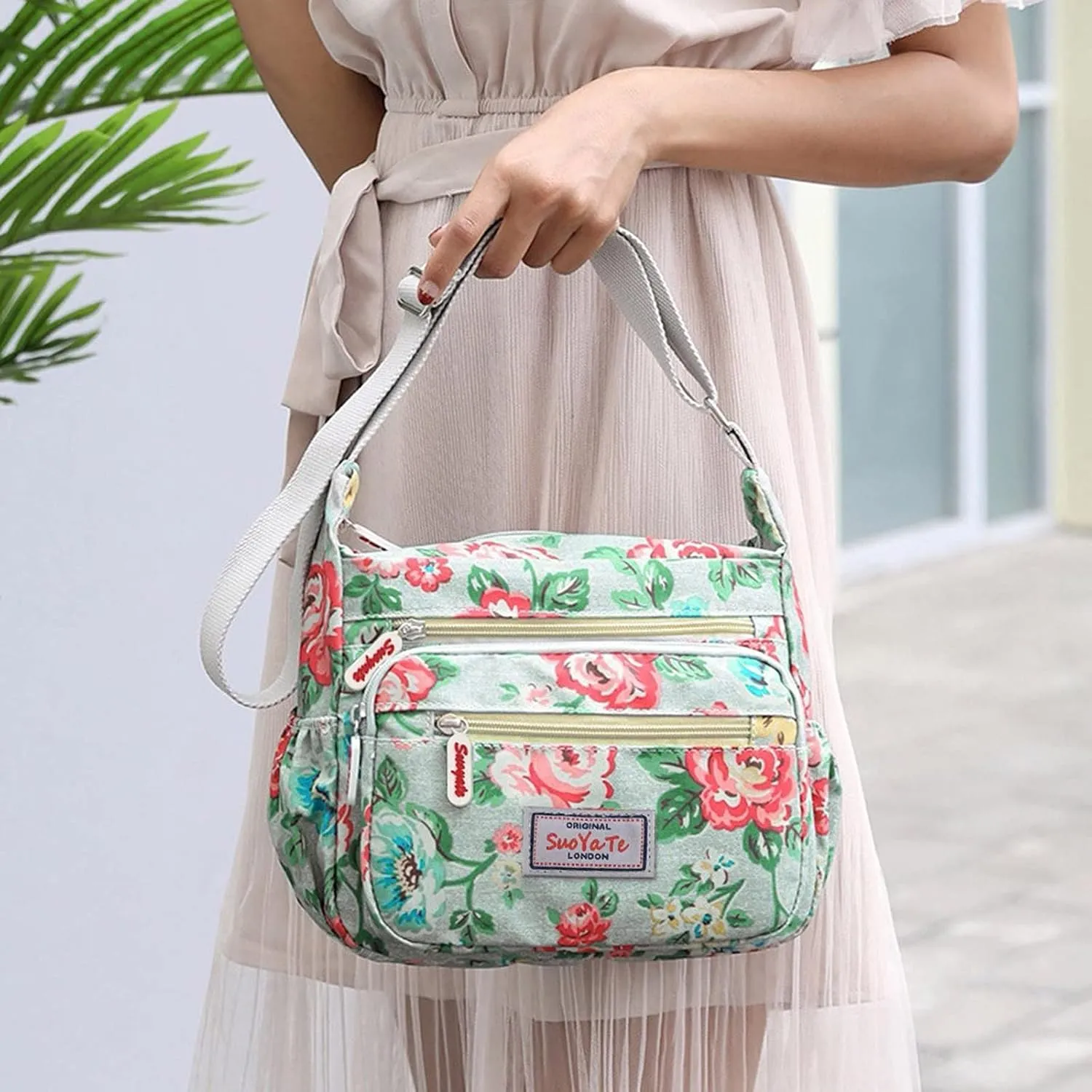 Tote Bag For Women Medium Floral Bag With Adjustable Shoulder Strap Nylon Crossbody Handbags For Shopping Travel Essential F