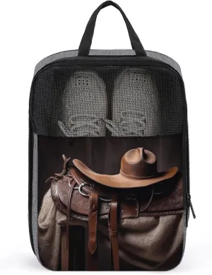 Travel Shoes Carrier, Horse Saddle with A Cowboy Hat Wild Print Portable Shoe Pouch Portable Shoe Bag Multi-purpose Shoe Bag Space-saving Shoe Bag