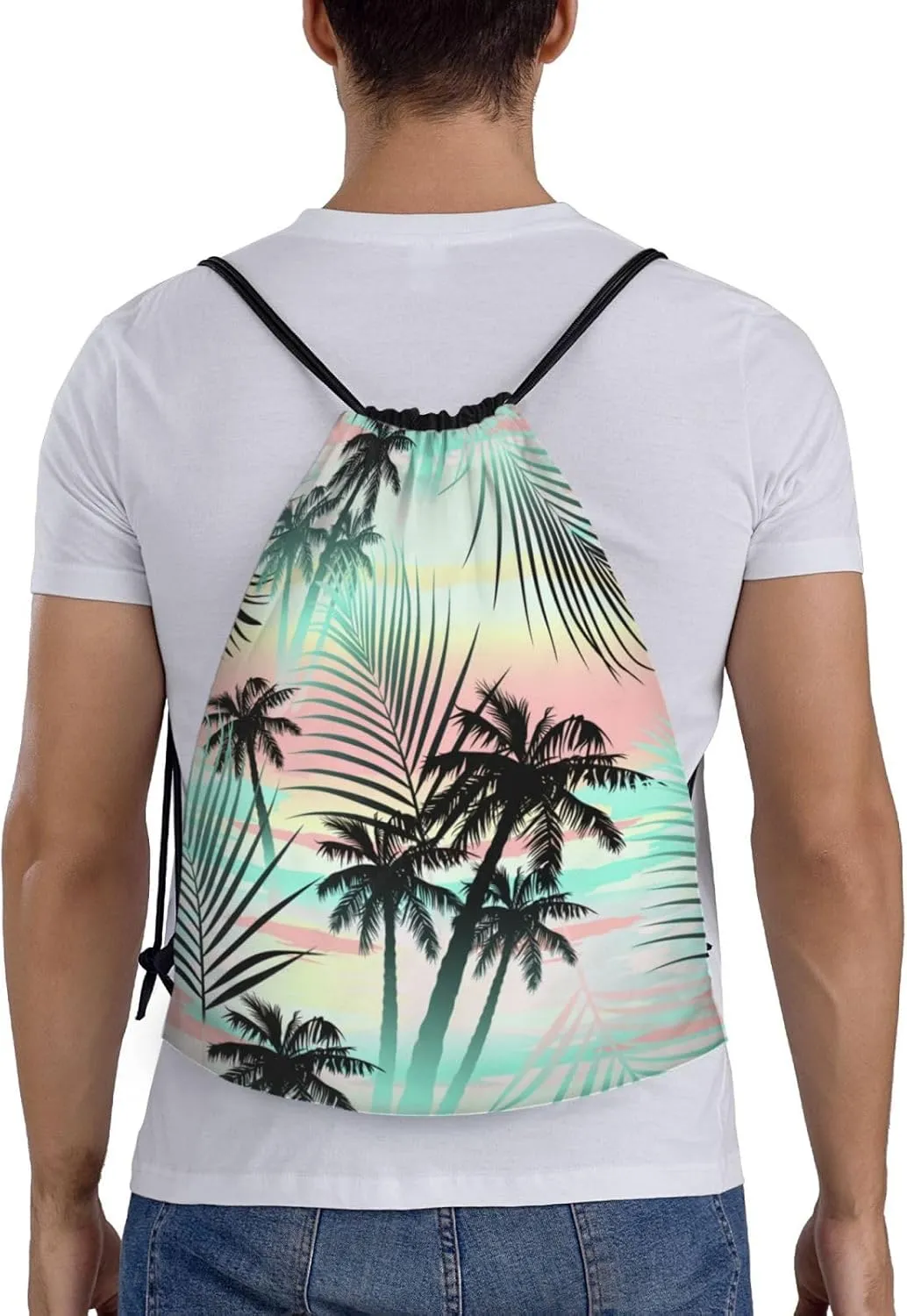 Tropical Palm Tree Drawstring Bags Hawaii Drawstring Backpack Gym Backpack Bags for Yoga Traveling Outdoor Sports