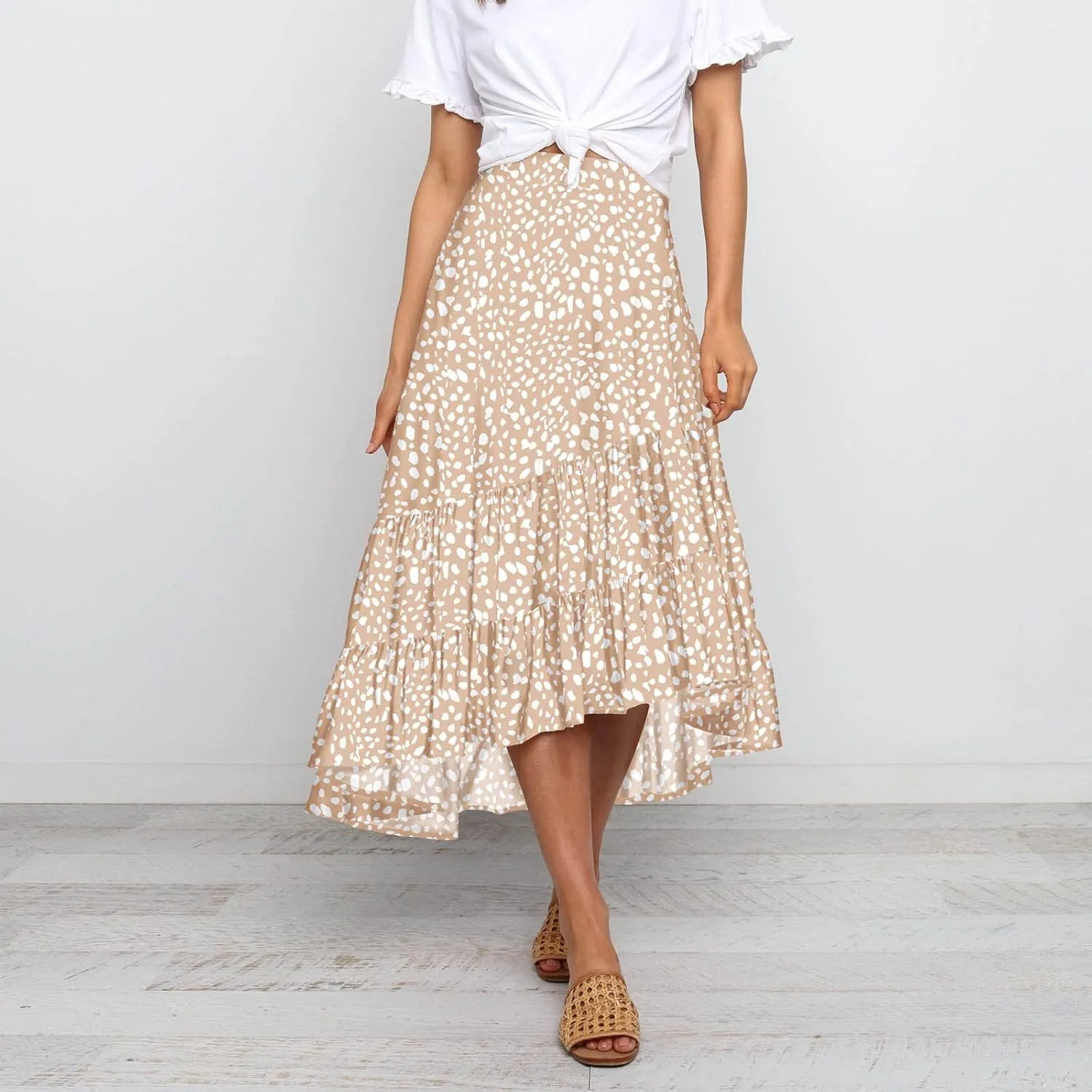 tuduoms Ditzy Floral Skirt Midi Boho Elastic High Waist Skirt A-line Long Vintage Skirts for Women High Low Pleated Skirt