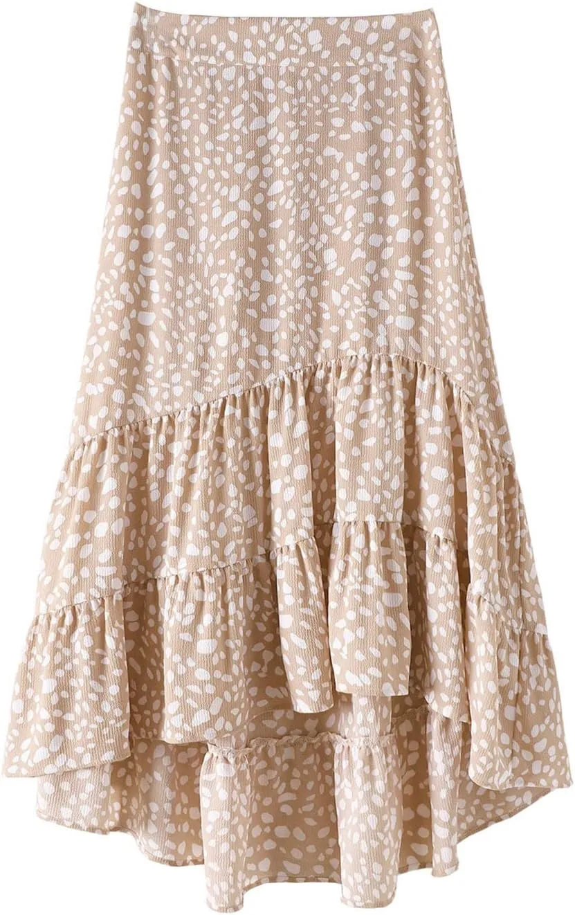 tuduoms Ditzy Floral Skirt Midi Boho Elastic High Waist Skirt A-line Long Vintage Skirts for Women High Low Pleated Skirt
