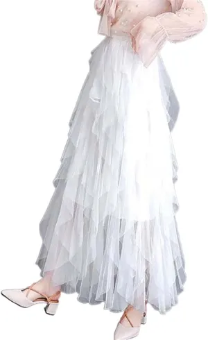 Tulle Long Maxi Women's Skirt Korean Cute Pink High Waist Pleated Female Lady Aesthetic