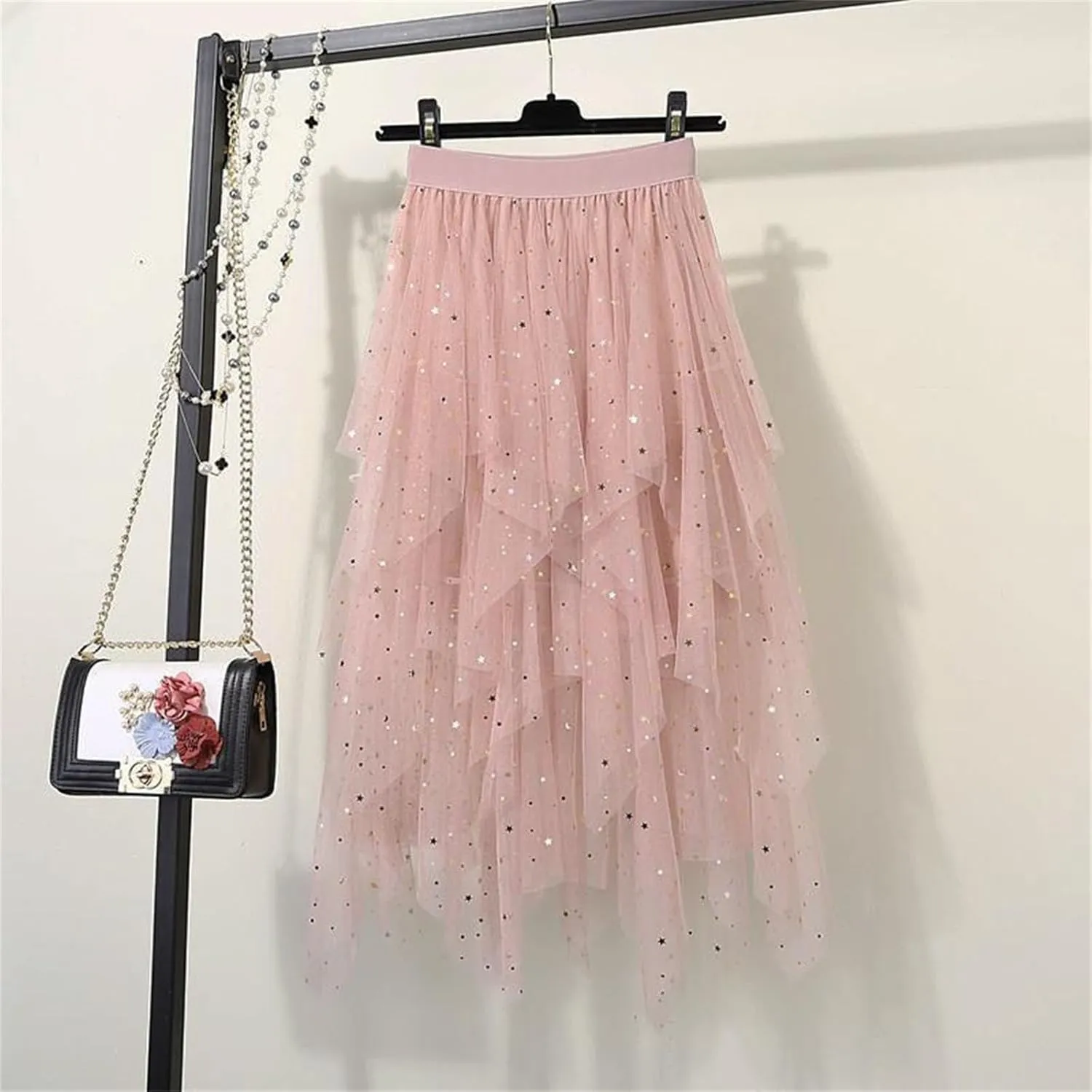 Tulle Midi Skirts for Women 2025 Summer Elastic High Waisted Sequin Asymmetrical Ruffle Tiered Skirt