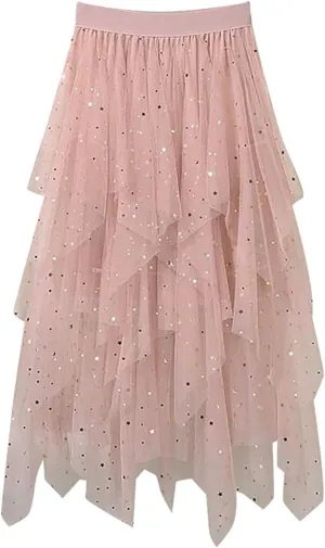 Tulle Midi Skirts for Women 2025 Summer Elastic High Waisted Sequin Asymmetrical Ruffle Tiered Skirt