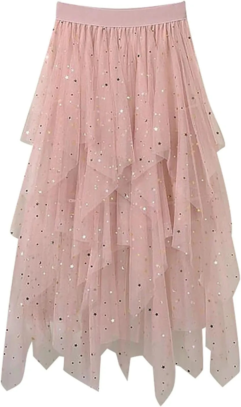 Tulle Midi Skirts for Women 2025 Summer Elastic High Waisted Sequin Asymmetrical Ruffle Tiered Skirt