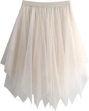 Tulle Skirts for Women Elastic Midi Skirt A-line Irregular Layered Mesh Tutu Skirts Pleated Skirts for Women
