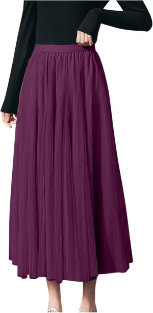 Tutu Tulle Skirt for Women Layered Mesh Ballet Prom Party A-Line Maxi Skirt Elastic High Waist Flowy Long Skirts