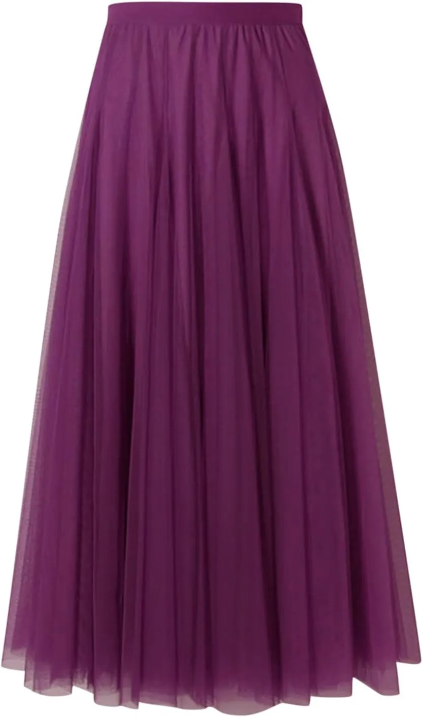 Tutu Tulle Skirt for Women Layered Mesh Ballet Prom Party A-Line Maxi Skirt Elastic High Waist Flowy Long Skirts