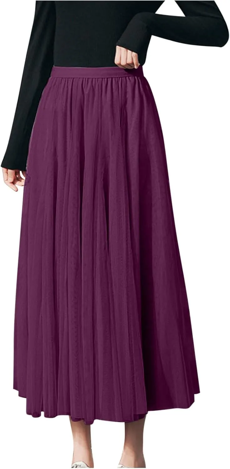 Tutu Tulle Skirt for Women Layered Mesh Ballet Prom Party A-Line Maxi Skirt Elastic High Waist Flowy Long Skirts