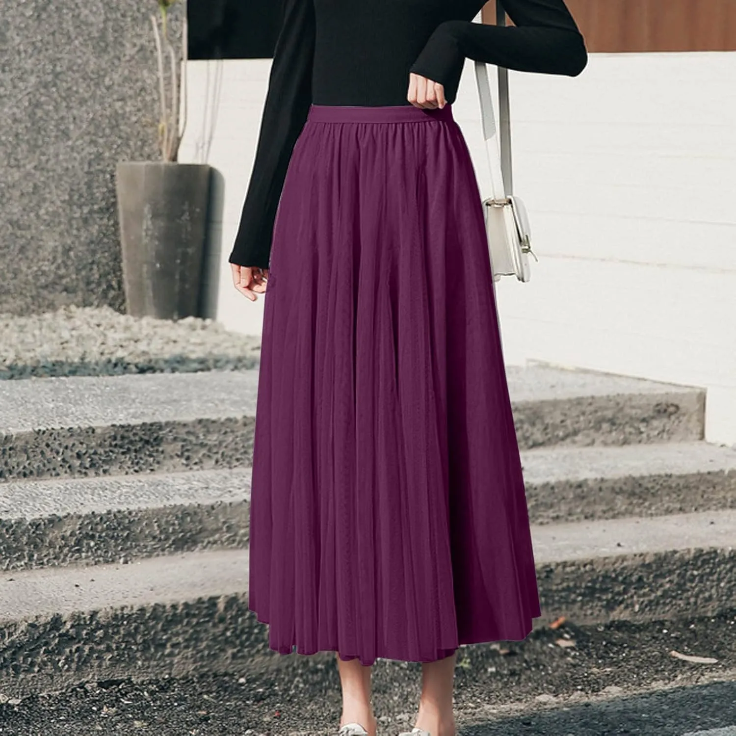 Tutu Tulle Skirt for Women Layered Mesh Ballet Prom Party A-Line Maxi Skirt Elastic High Waist Flowy Long Skirts