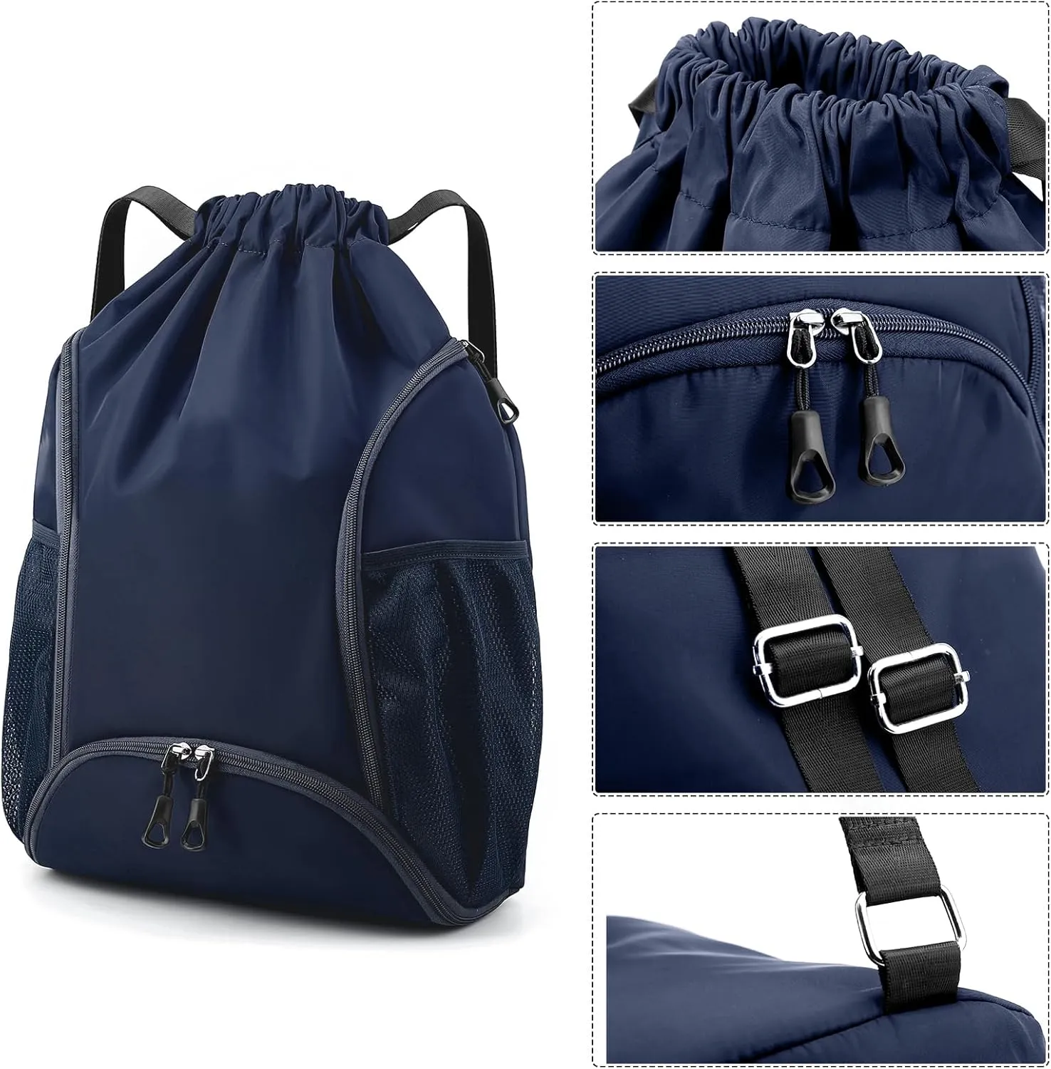 Valleycomfy Sports Gym Bag Drawstring Backpack with Shoes Basketball Bag and Two Water Bottle Holder,Drawstring Backpack for Beach, Pool and Travel,Dark Blue