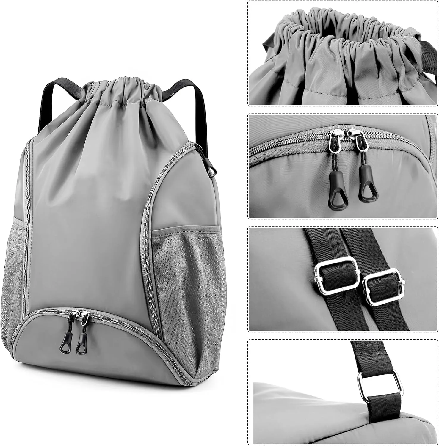 Valleycomfy Sports Gym Bag Drawstring Backpack with Shoes Basketball Bag and Two Water Bottle Holder,Drawstring Backpack for Beach, Pool and Travel,Grey