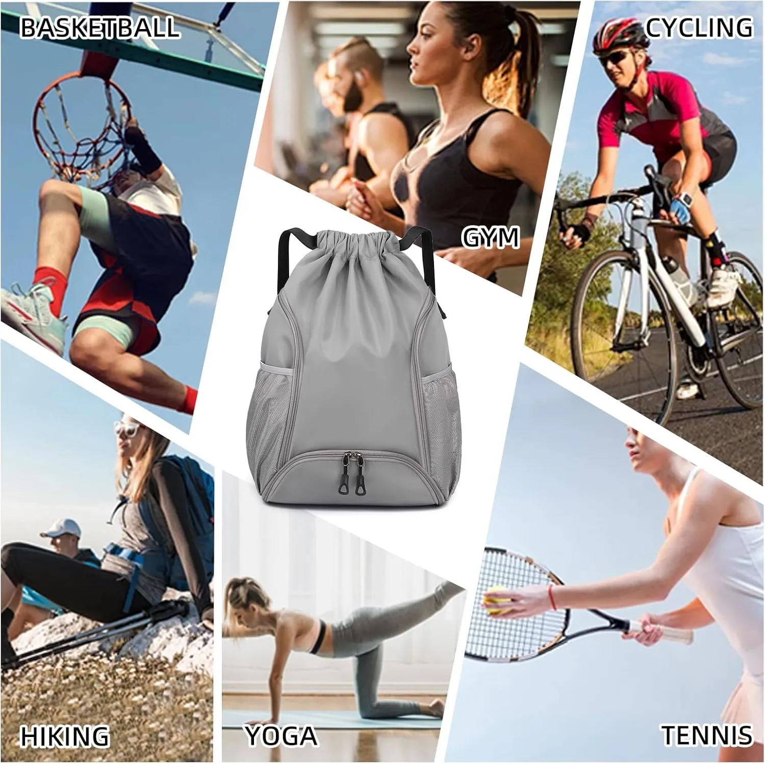Valleycomfy Sports Gym Bag Drawstring Backpack with Shoes Basketball Bag and Two Water Bottle Holder,Drawstring Backpack for Beach, Pool and Travel,Grey