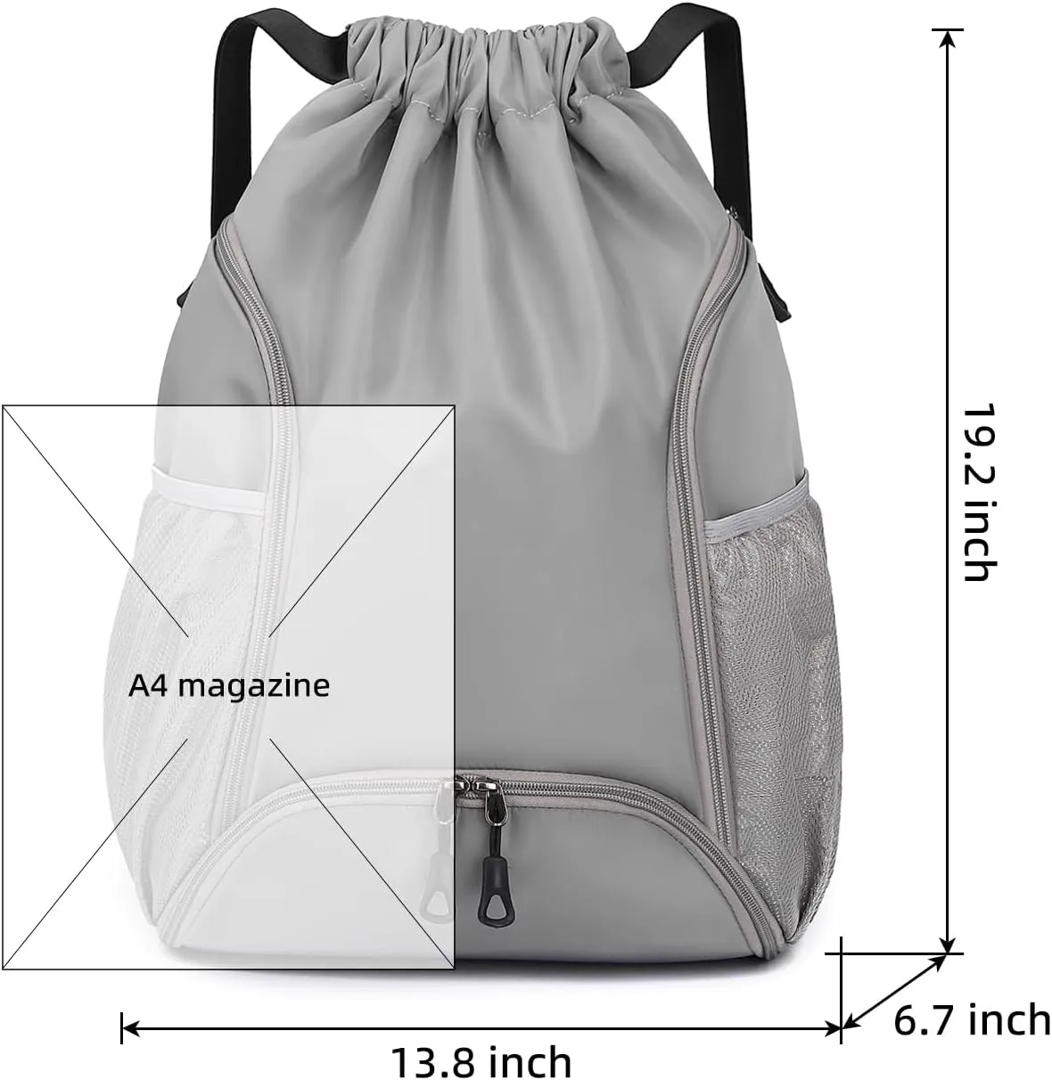 Valleycomfy Sports Gym Bag Drawstring Backpack with Shoes Basketball Bag and Two Water Bottle Holder,Drawstring Backpack for Beach, Pool and Travel,Grey