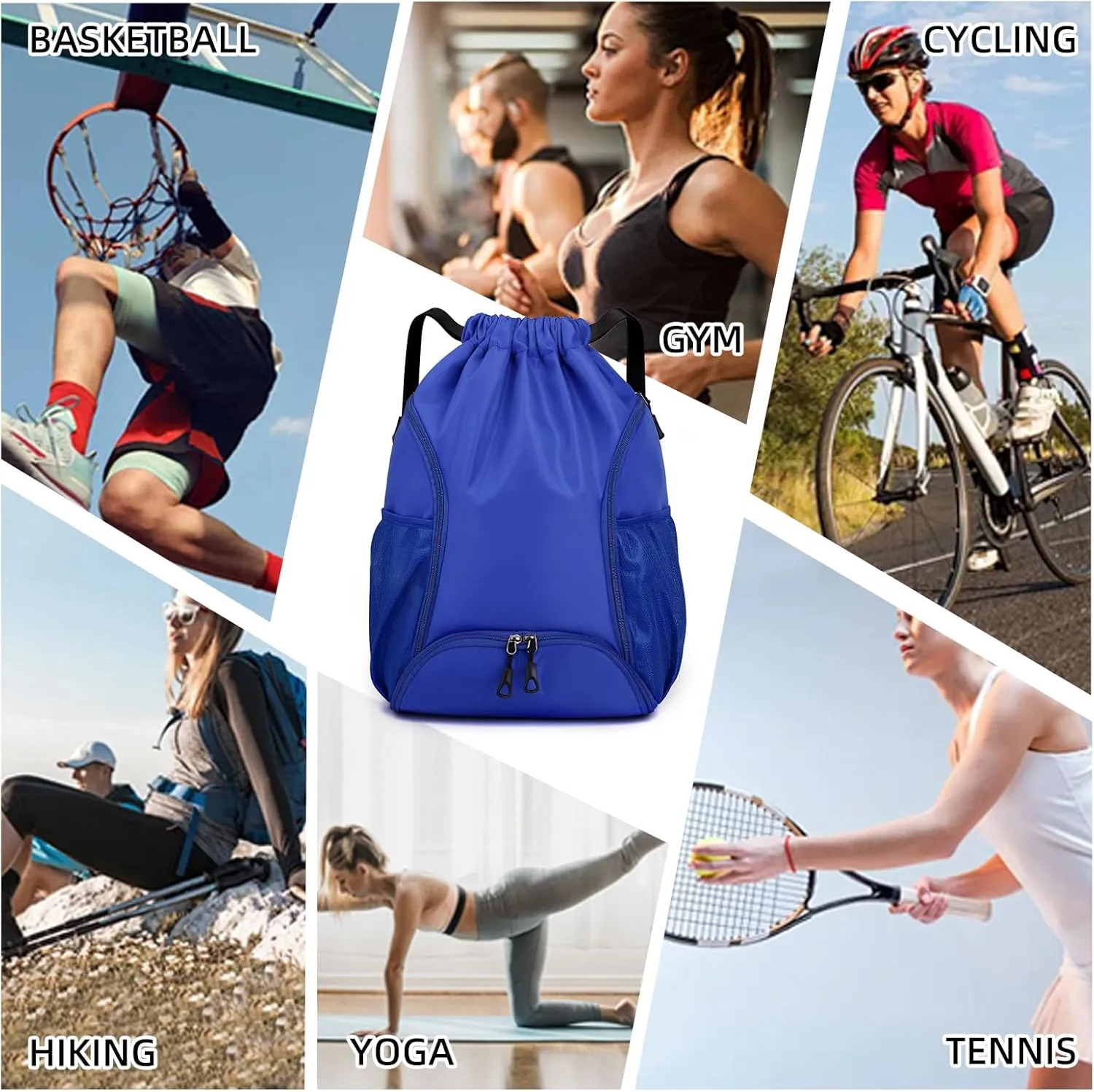 Valleycomfy Sports Gym Bag Drawstring Backpack with Shoes Basketball Bag and Two Water Bottle Holder,Drawstring Backpack for Beach, Pool and Travel,Sapphire Blue