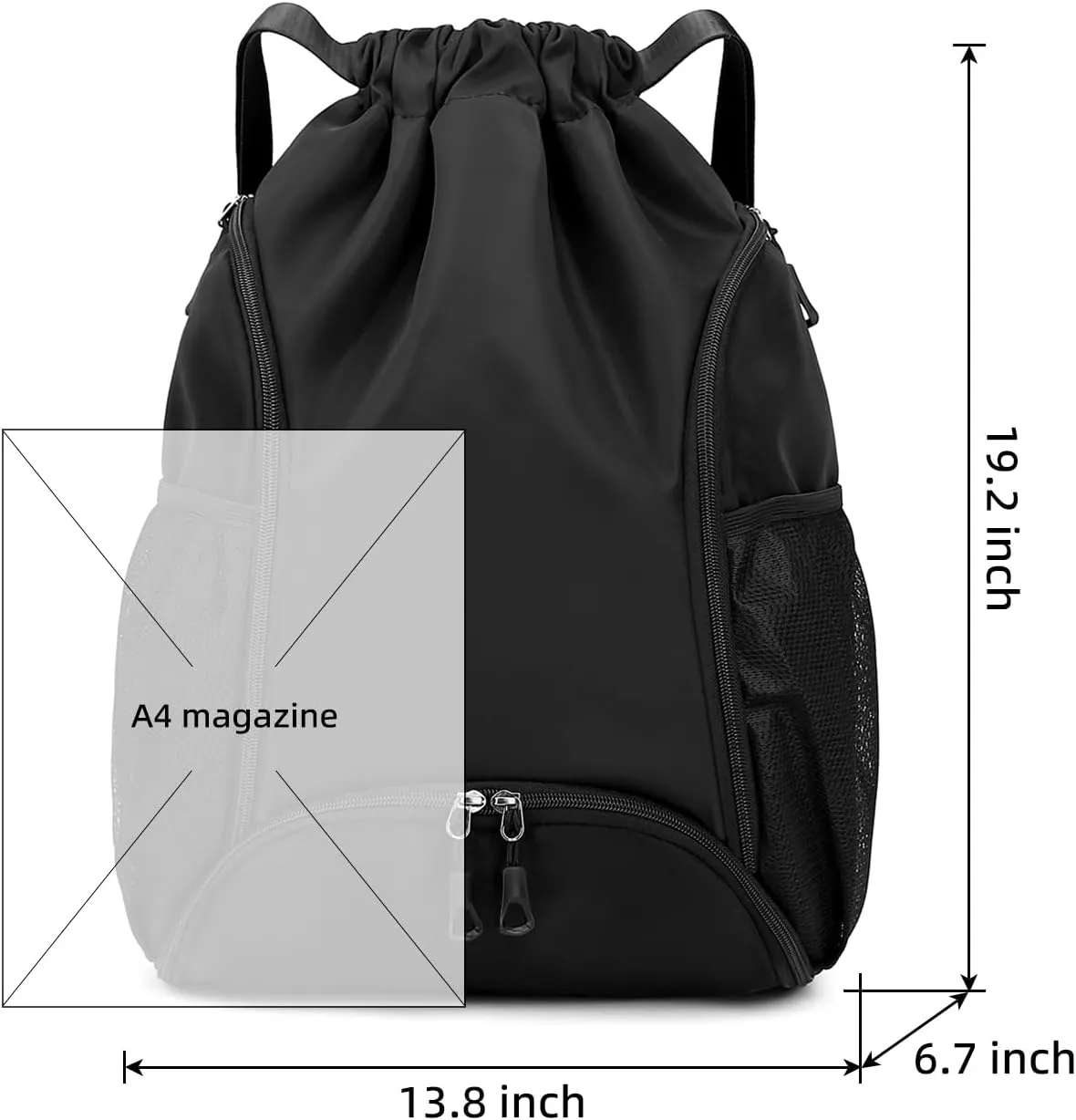 Valleycomfy Sports Gym Bag Drawstring Backpack with Shoes Basketball Bag and Two Water Bottle Holder,Drawstring Backpack for Beach,Pool and Travel,Black