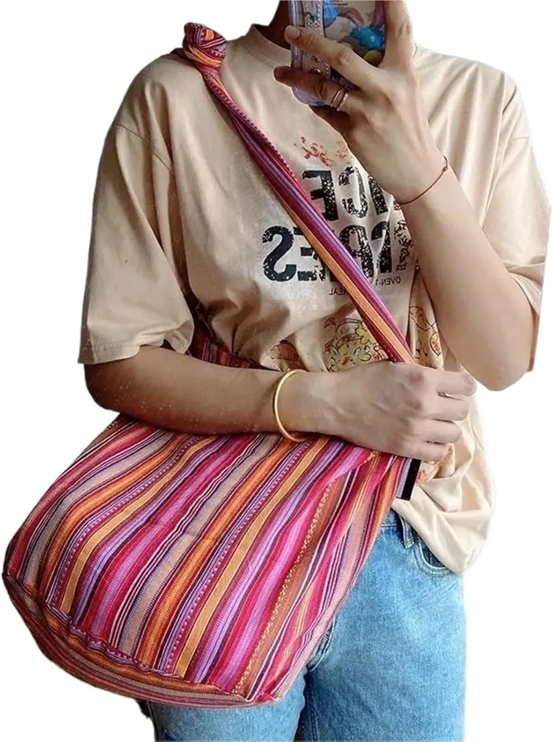 Vintage Bohemian Chic Canvas Shoulder Bag Ethnic Style Large Capacity Handbag Soft Tote Bag Casual Crossbody Bag Female Daily