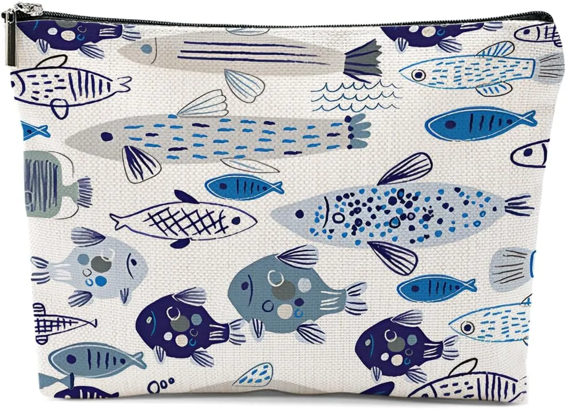 Watercolor Fish Makeup Bag, Sea Animals Cosmetic Bag Travel Pouch, Fishing Lovers Friendship Gifts for Women Girls Daughter Sisters Niece Mom Best Friends Bestie Graduation Birthday Gifts
