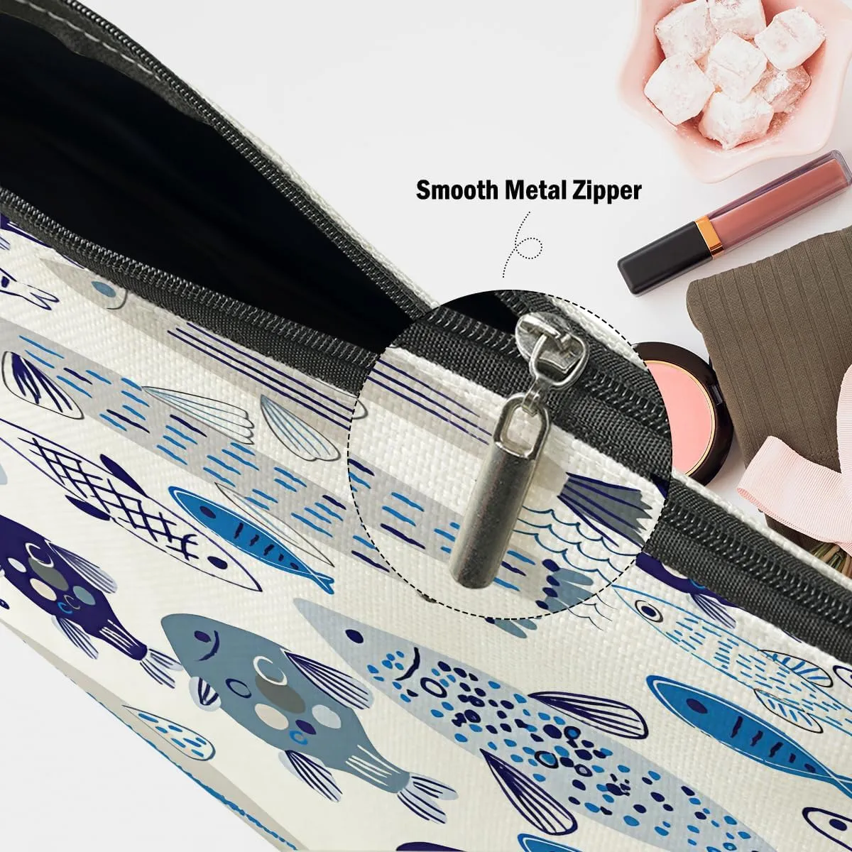 Watercolor Fish Makeup Bag, Sea Animals Cosmetic Bag Travel Pouch, Fishing Lovers Friendship Gifts for Women Girls Daughter Sisters Niece Mom Best Friends Bestie Graduation Birthday Gifts