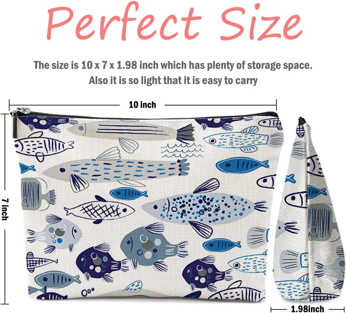 Watercolor Fish Makeup Bag, Sea Animals Cosmetic Bag Travel Pouch, Fishing Lovers Friendship Gifts for Women Girls Daughter Sisters Niece Mom Best Friends Bestie Graduation Birthday Gifts