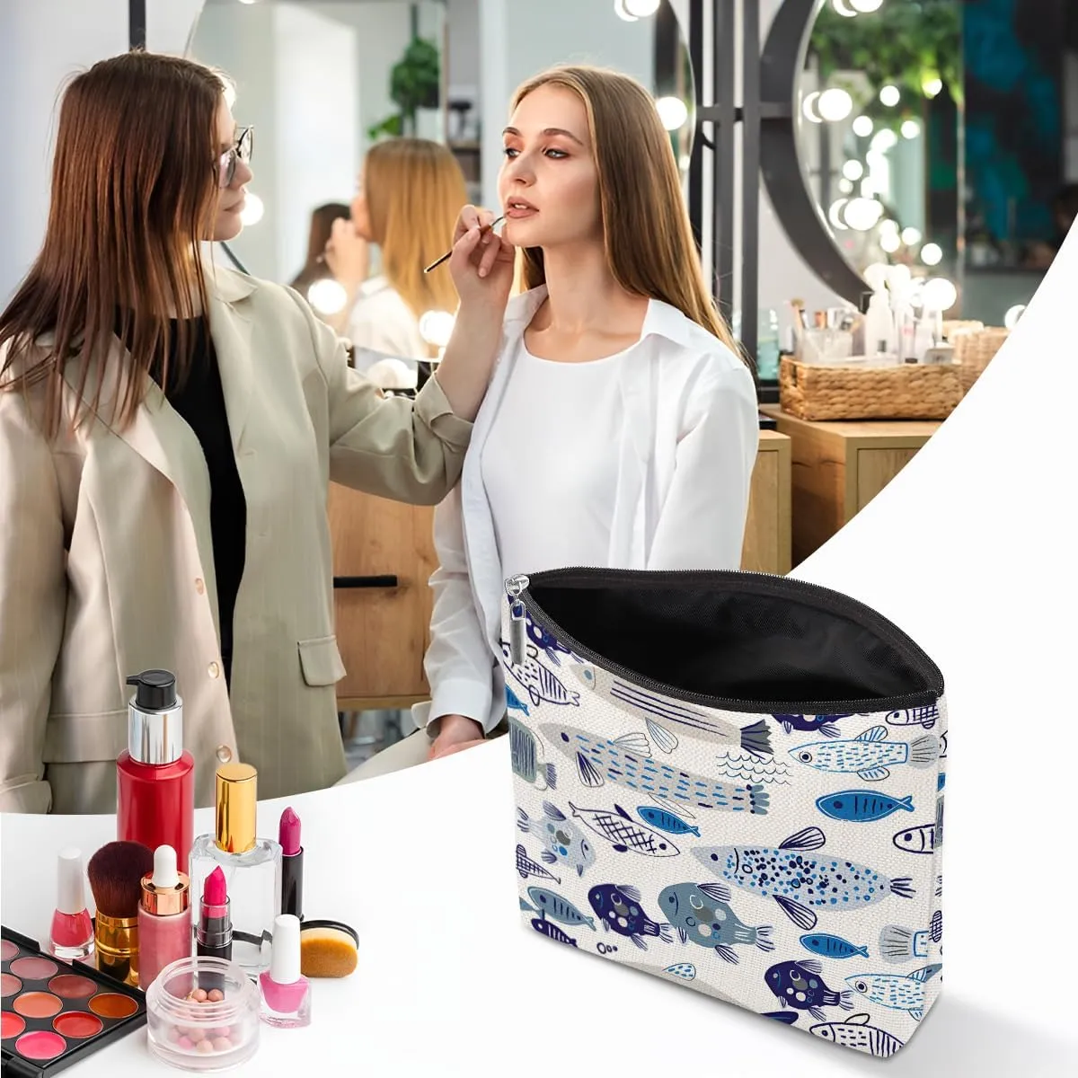 Watercolor Fish Makeup Bag, Sea Animals Cosmetic Bag Travel Pouch, Fishing Lovers Friendship Gifts for Women Girls Daughter Sisters Niece Mom Best Friends Bestie Graduation Birthday Gifts
