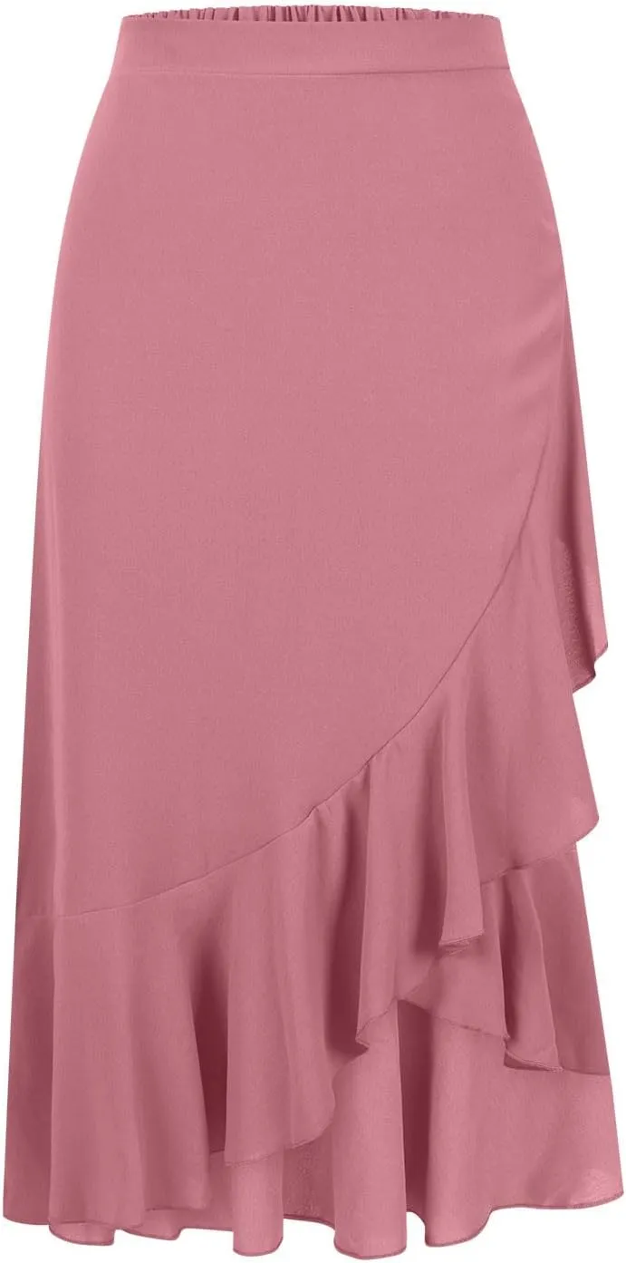 Western Skirts for Women Midi Ruffle Summer Skirt High Waisted Wrap Flowy Skirts High-Low A Line Gothic Skirts